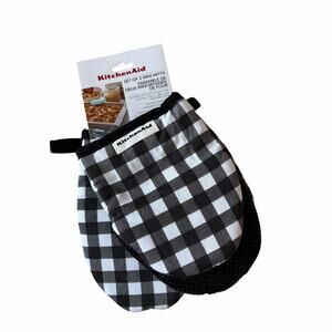 Kitchenaid Checkered Mini Mitts 2pc Printed Silicone Cotton Black & White NEW
